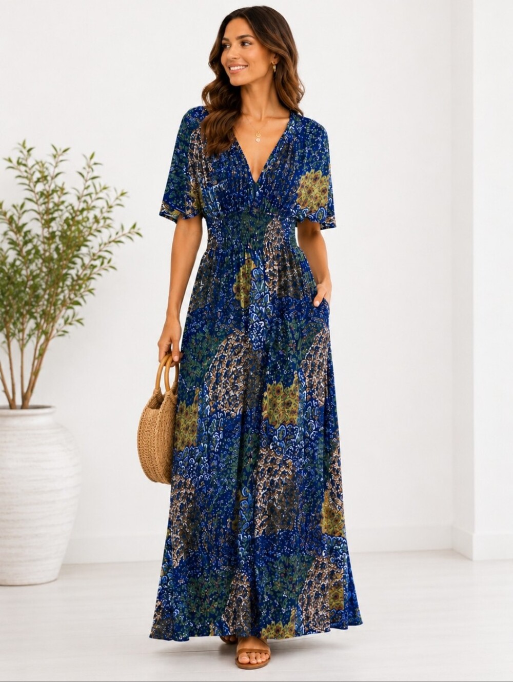 5th & Love Blue Bohemian Paisley Peacock Inspired Print Maxi Dress Sz L